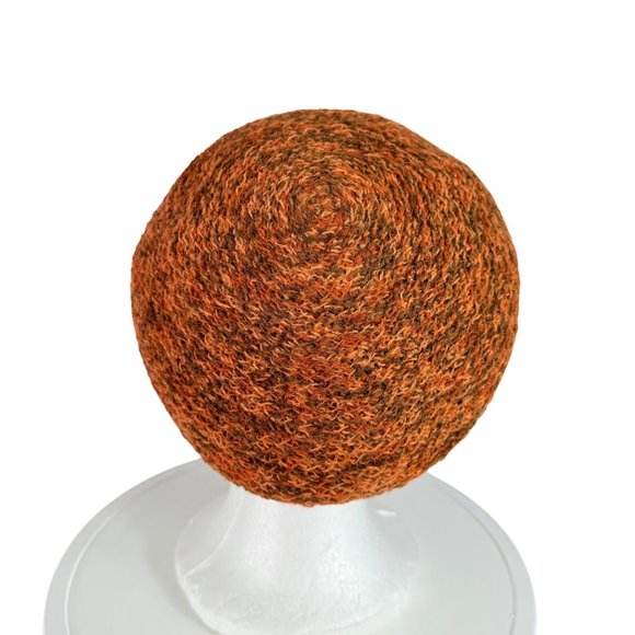 Everett Original Knitted Beret Hat VTG 70s Orange Brown Textured Wool Bow Retro - Picture 4 of 13